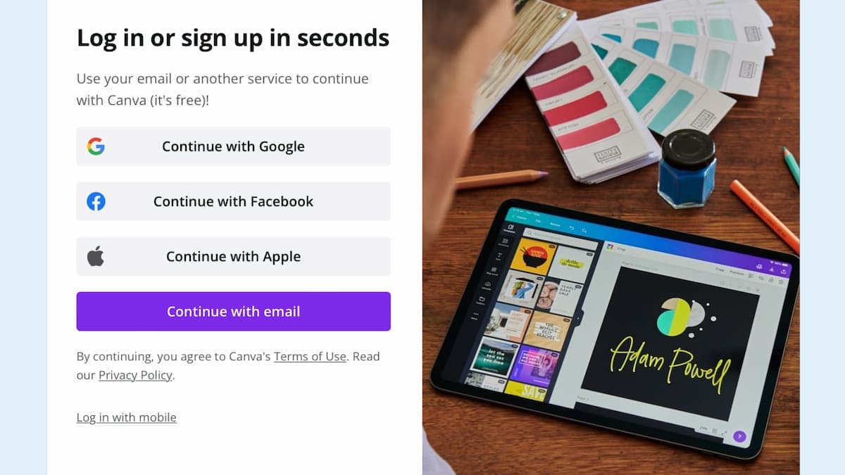 Canva’s “Log in with Facebook” social login screen