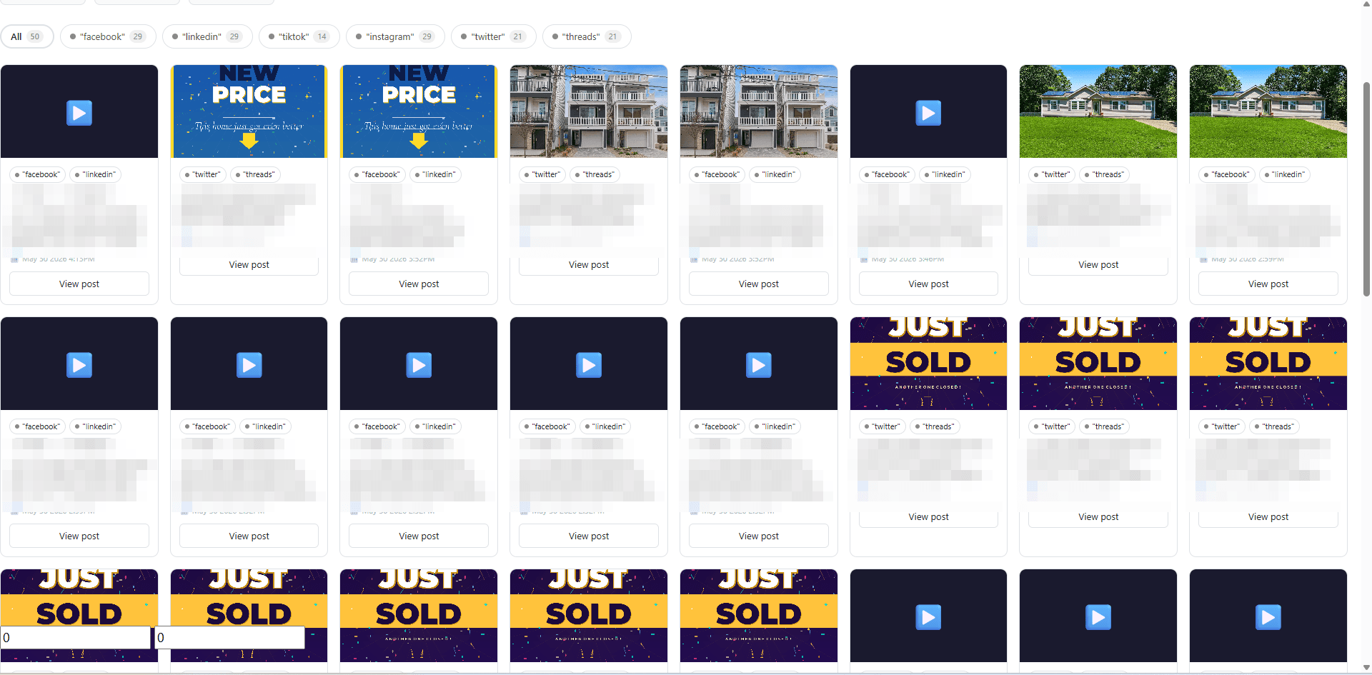 Curbfeed's post archive showing listing announcements published across Facebook, LinkedIn, Instagram, X, TikTok, and Threads.