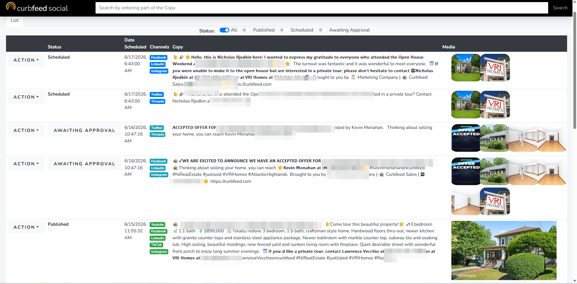 Curbfeed Social dashboard listing posts with scheduled, awaiting approval, and published statuses across multiple social channels.