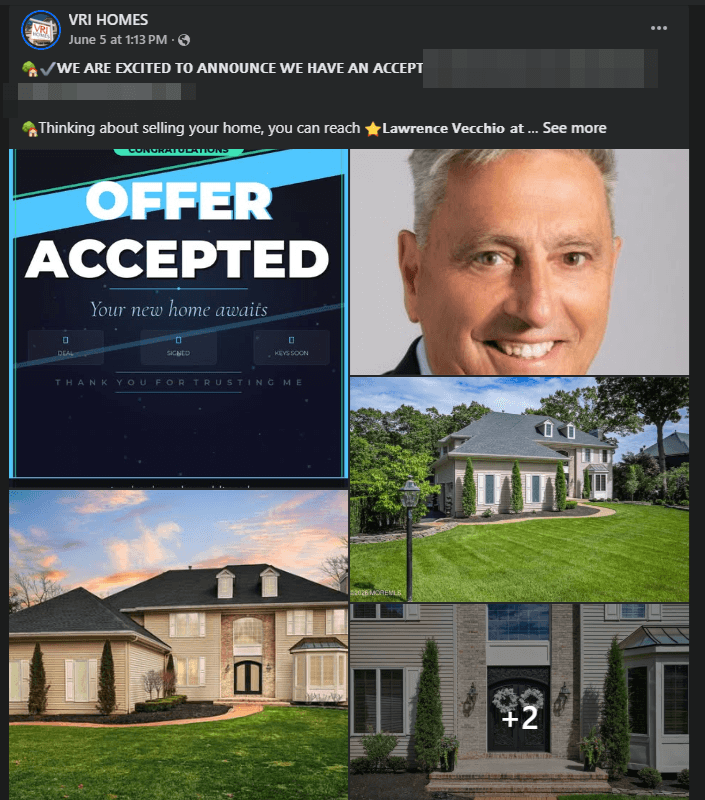 Facebook post from a brokerage office announcing an accepted offer, published automatically by Curbfeed with agent headshot and listing photos.
