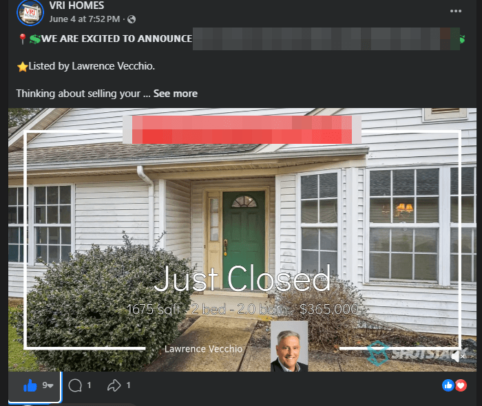 Automated Facebook post from a brokerage office featuring a branded 'Just Closed' listing video rendered from the listing photos, with the property address blurred.