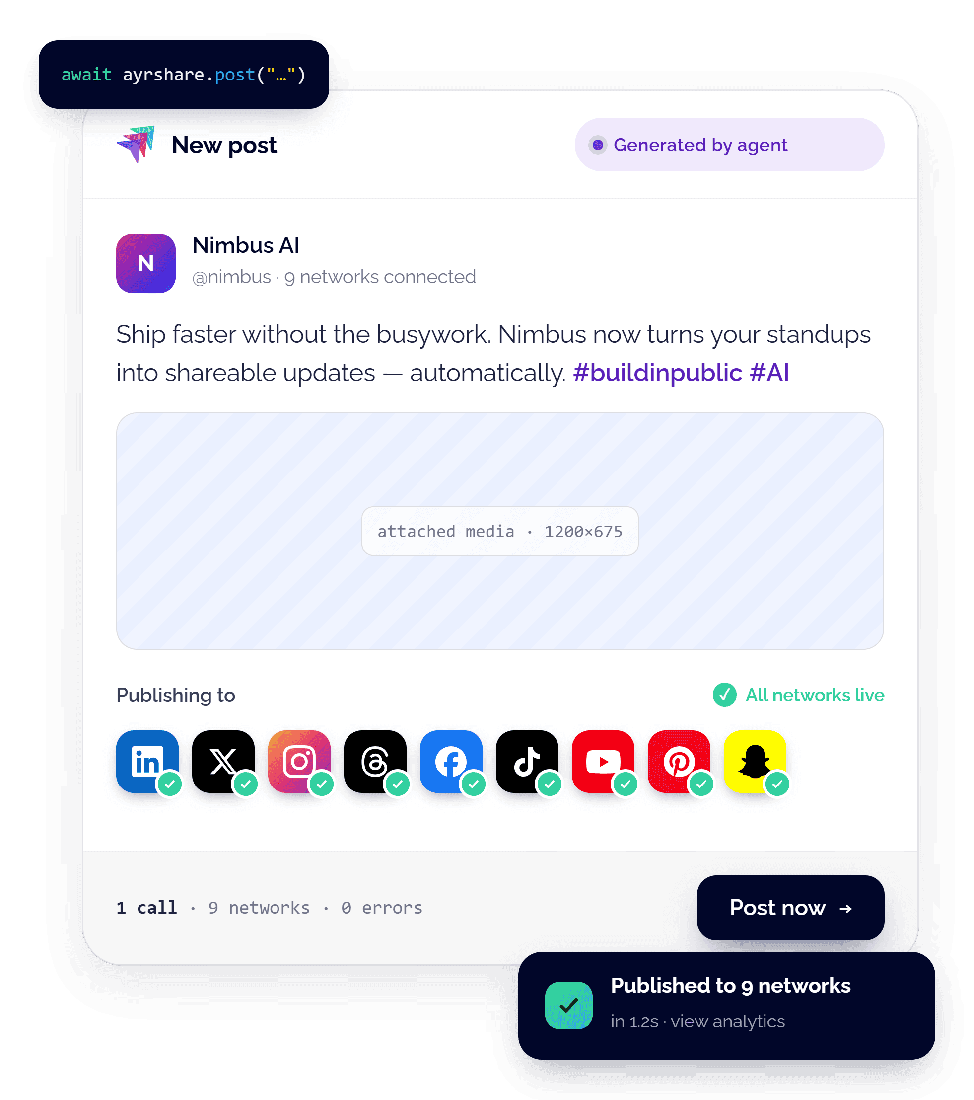 An AI agent publishing a generated post live to 9 networks in a single Ayrshare call