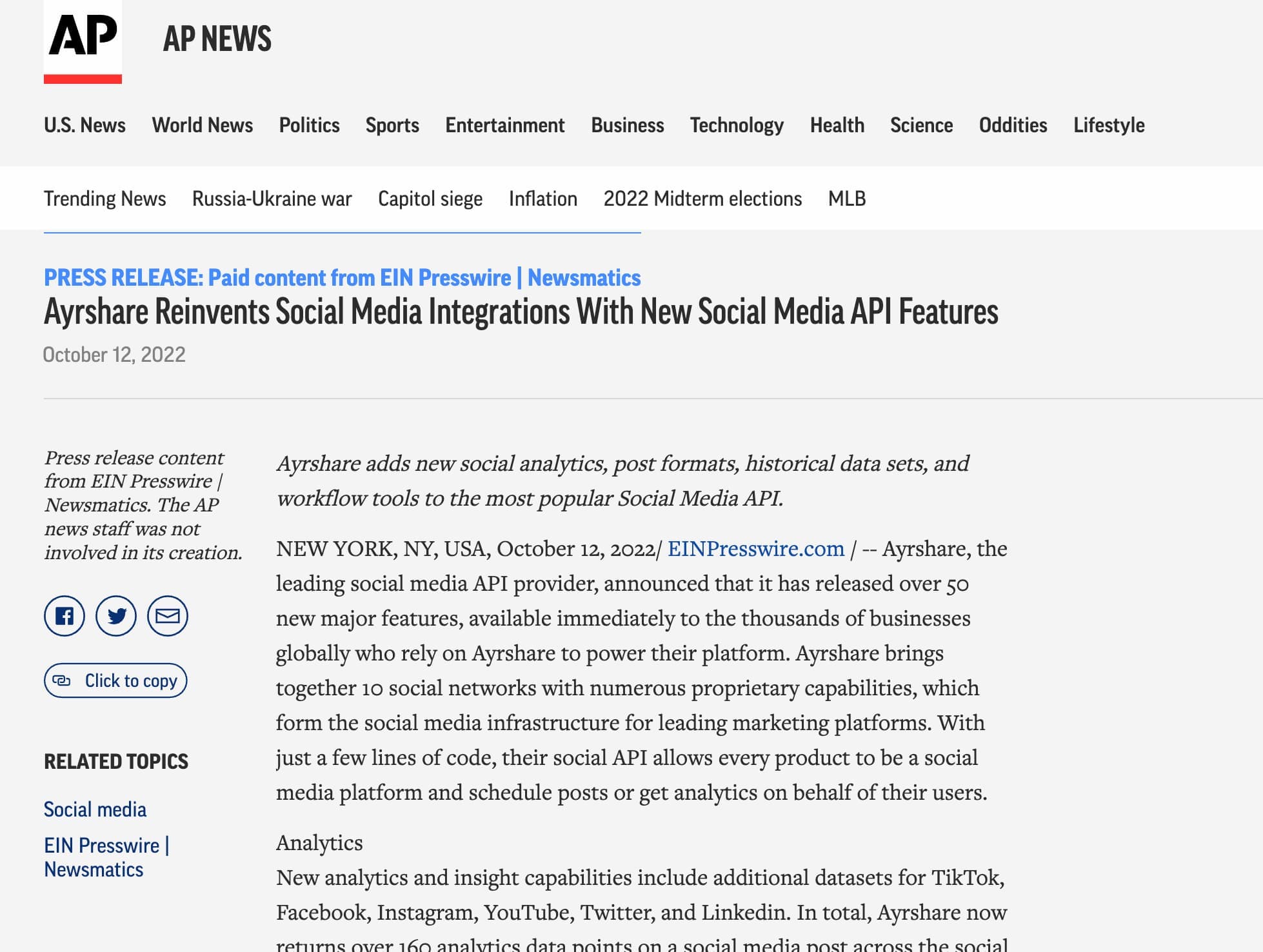 Ayrshare Social API press release.